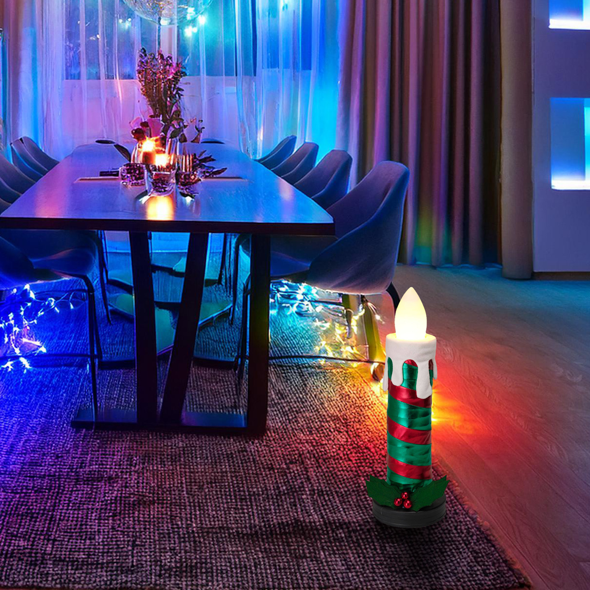 vela plegable de 60cm con luces de llama, color verde y con música