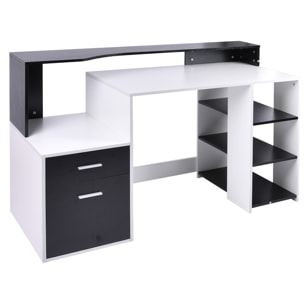 Bureau informatique multimédia design multi-rangements 137 L x 55 l x 92 H cm noir et blanc