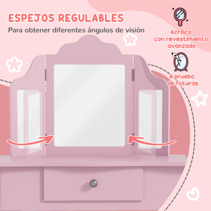 Tocador Infantil con Taburete y Espejo Ajustable, Tocador para Niñas con Cajón, Mesa de Maquillaje para Niños y Niñas de 3-6 Años, Rosa