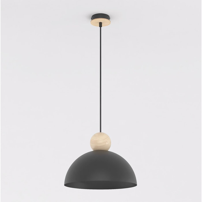 Lampada a sospensione Kaki in acciaio nero opaco e legno