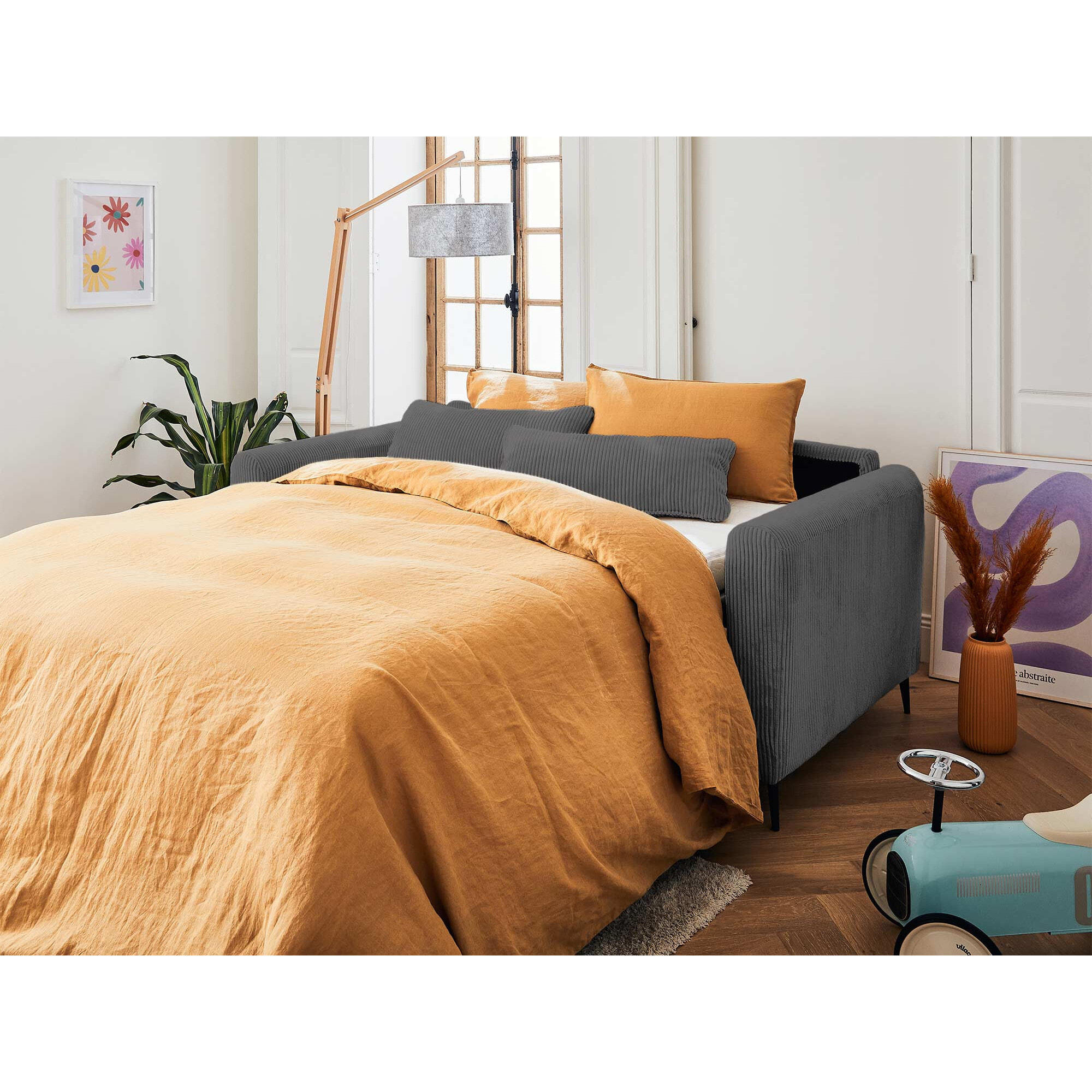 Owen - canapé 3 places convertible express couchage quotidien 140 cm matelas 12 cm en velours côtelé - Gris foncé