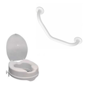 Réhausse WC PMR PELLET plastique blanc avec abattant 10 cm + Barre de maintien coudée PMR PELLET Essentiel