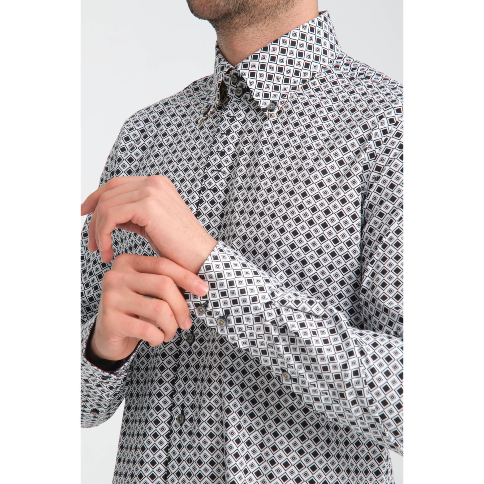 Camicia Uomo 2 Bottoni Button Down Slim Popeline Stretch Stampato Bianco/Nero