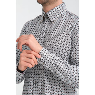 Camicia Uomo 2 Bottoni Button Down Slim Popeline Stretch Stampato Bianco/Nero
