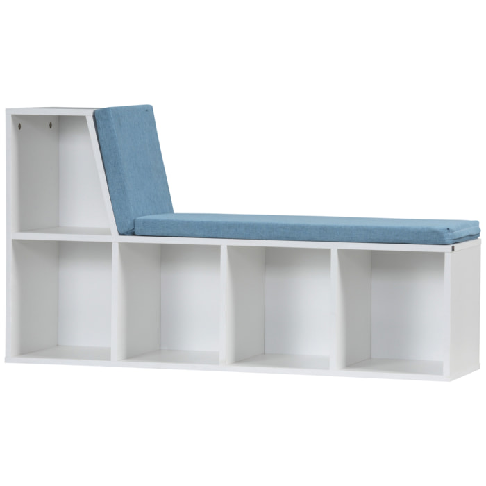 Bibliothèque banc 2 en 1 design contemporain 5 casiers 2 coussins fournis 108L x 30l x 60H cm blanc bleu chiné