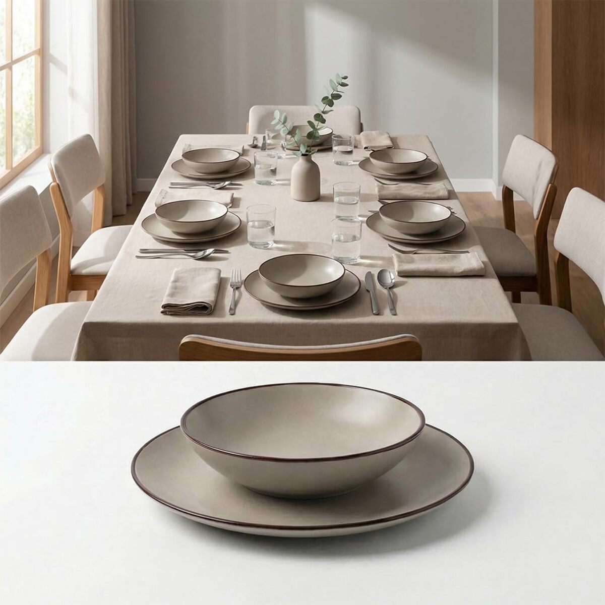 Set 12 Piatti in Ceramica, lavabile in lavastoviglie e adatto a microonde, Intrecci