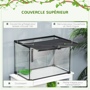 Terrarium en verre - vivarium reptiles & batraciens - habitat tortue - couvercle grillagé coulissant verrouillable - distributeur eau, thermomètre - métal noir verre