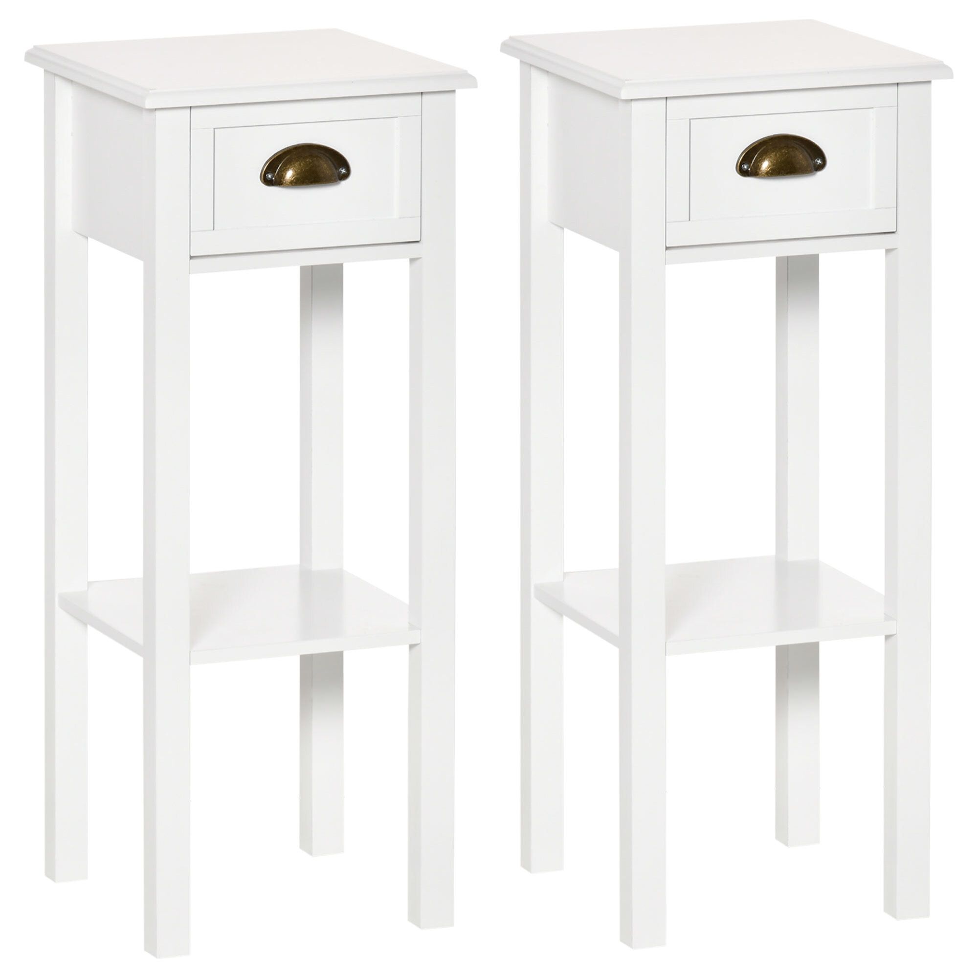 Lot de 2 tables d'appoint bout de canapé guéridon - tiroir, étagère - dim. 30L x 30l x 75H cm - poignées coquilles laiton vieilli MDF blanc