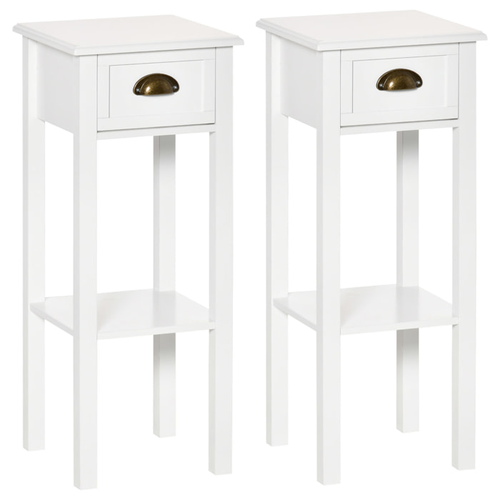 Lot de 2 tables d'appoint bout de canapé guéridon - tiroir, étagère - dim. 30L x 30l x 75H cm - poignées coquilles laiton vieilli MDF blanc