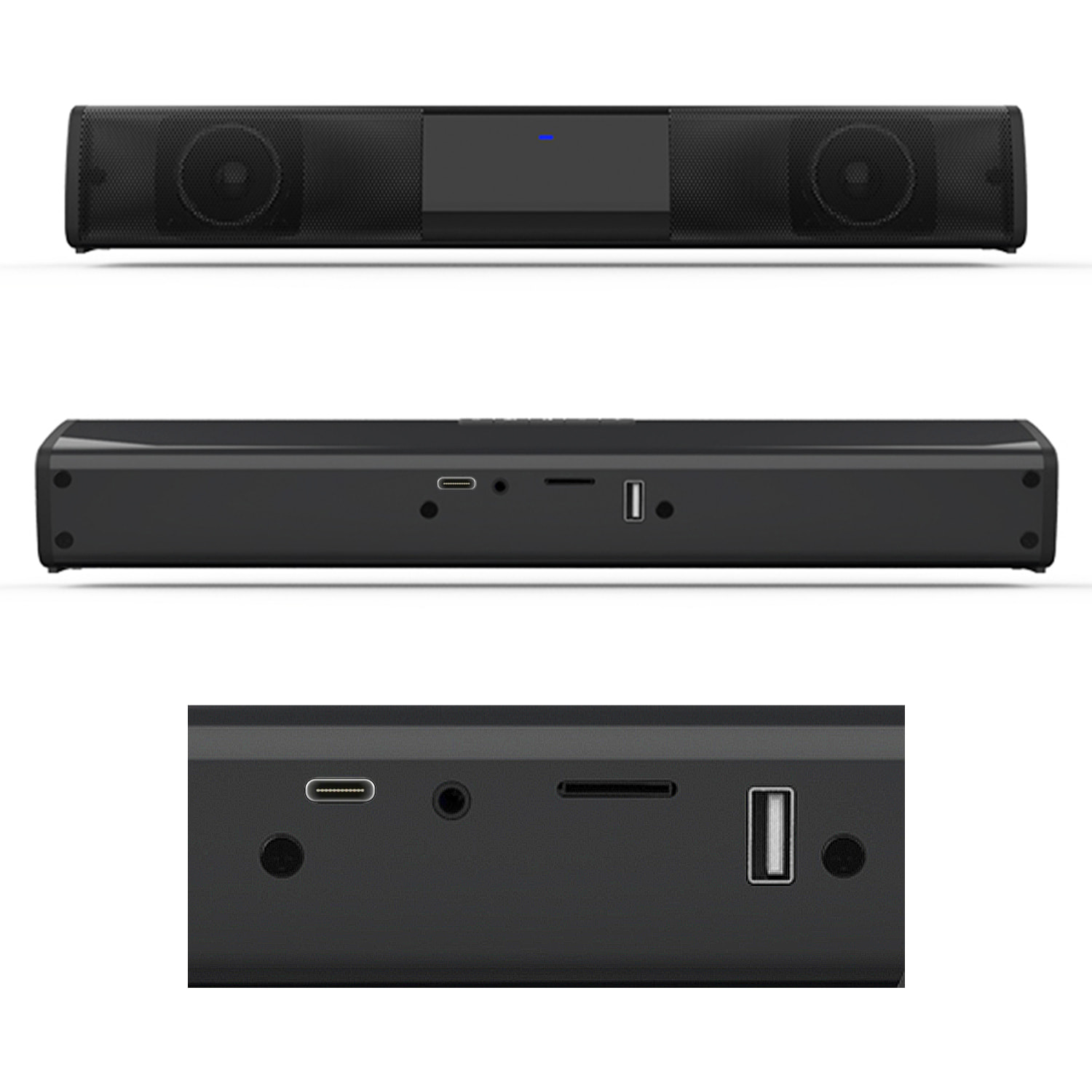 Soundbar 2.0 BS-28A. Bluetooth 4.2, ingresso USB, ausiliario, Micro SD e radio FM. Batteria integrata da 2000mAh.