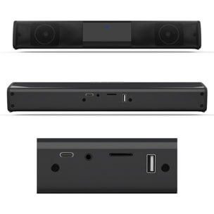 Soundbar 2.0 BS-28A. Bluetooth 4.2, ingresso USB, ausiliario, Micro SD e radio FM. Batteria integrata da 2000mAh.