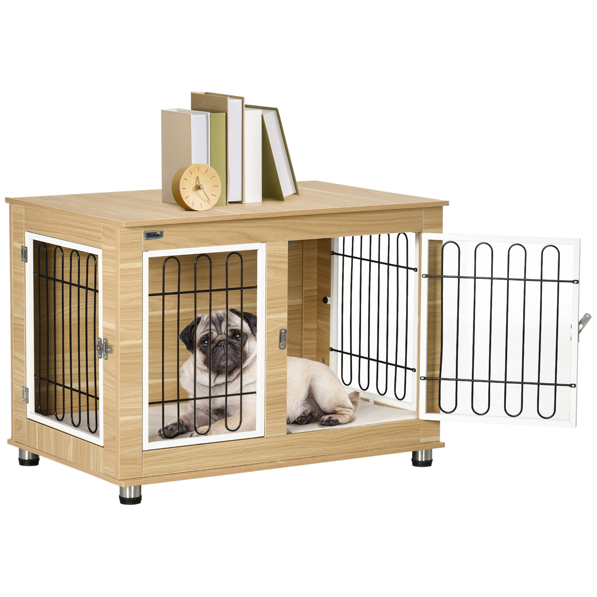 Jaula para Perros Mesa Auxiliar con Cojín Lavable Casa para Mascotas con Estructura de Acero para Perros Medianos y Grandes 90x58x65 cm Roble