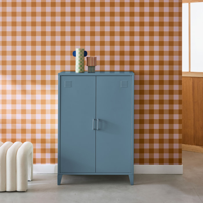 Commode/armoire en métal bleu. 2 espaces de rangement. casiers