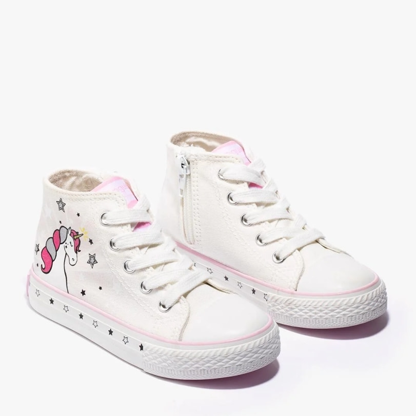 Zapatillas Altas de Niña de Lona con Estampado de Unicornio en Blanco