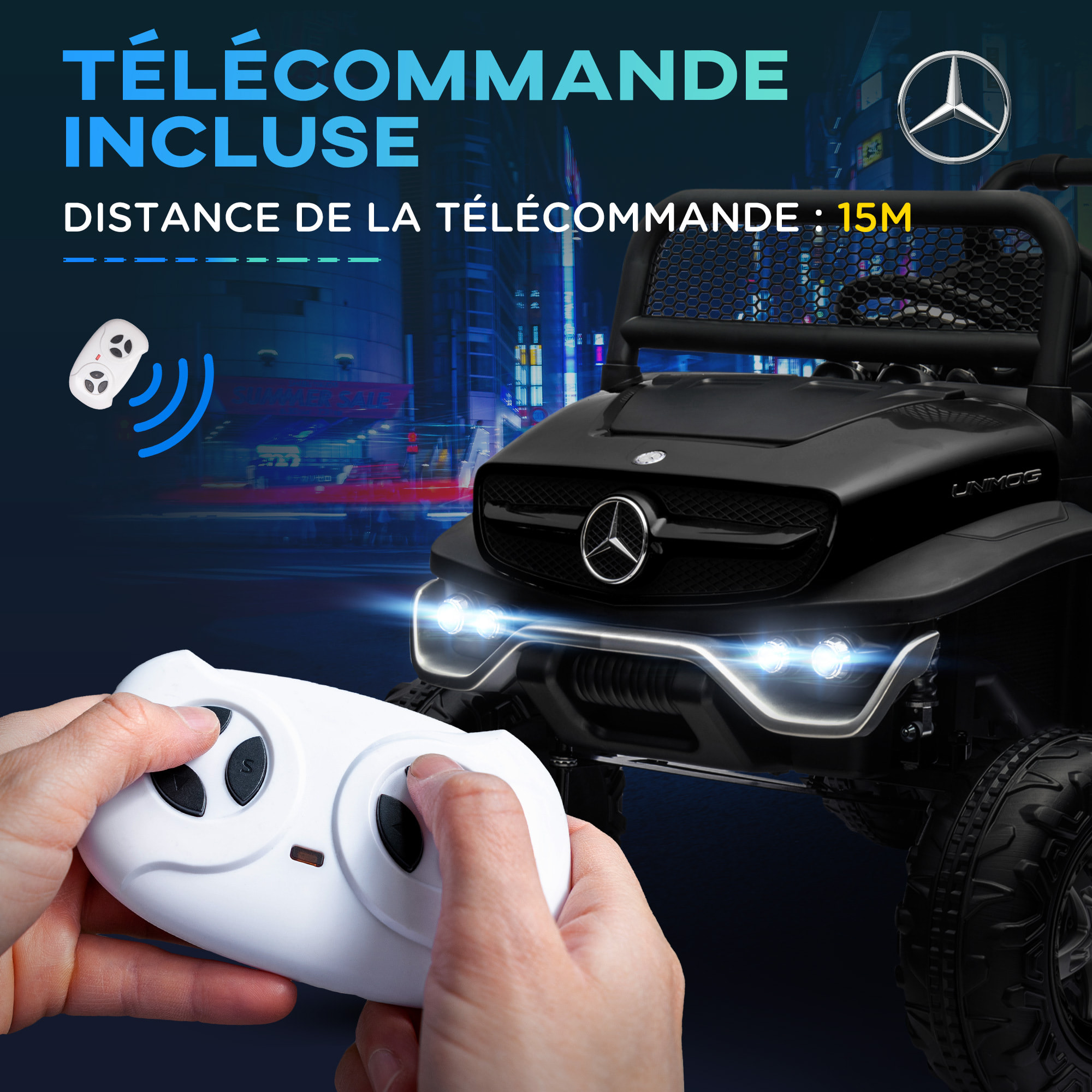 Voiture électrique 4x4 pour enfants de 3 à 8 ans 12 V Mercedes-Benz Unimog 2 moteurs avec télécommande, roues suspendues, klaxons, lumières, musique, noir