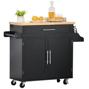 Carrito de Cocina con Armario con Puertas y Estante Interior Ajustable Cajón Barra y Especiero Móvil Aparador Auxiliar con Ruedas para Comedor 109x40x89 cm Negro