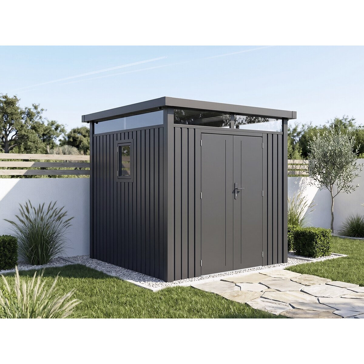 Abri de jardin métal premium avec toit plat et porte battante "Lexinton" - 5,29 m² - Gris
