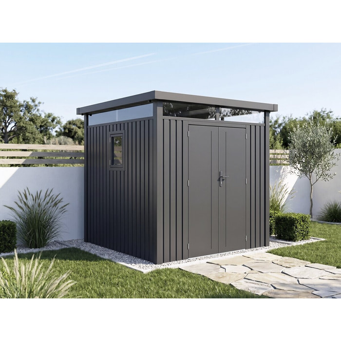 Abri de jardin métal premium avec toit plat et porte battante "Lexinton" - 5,29 m² - Gris