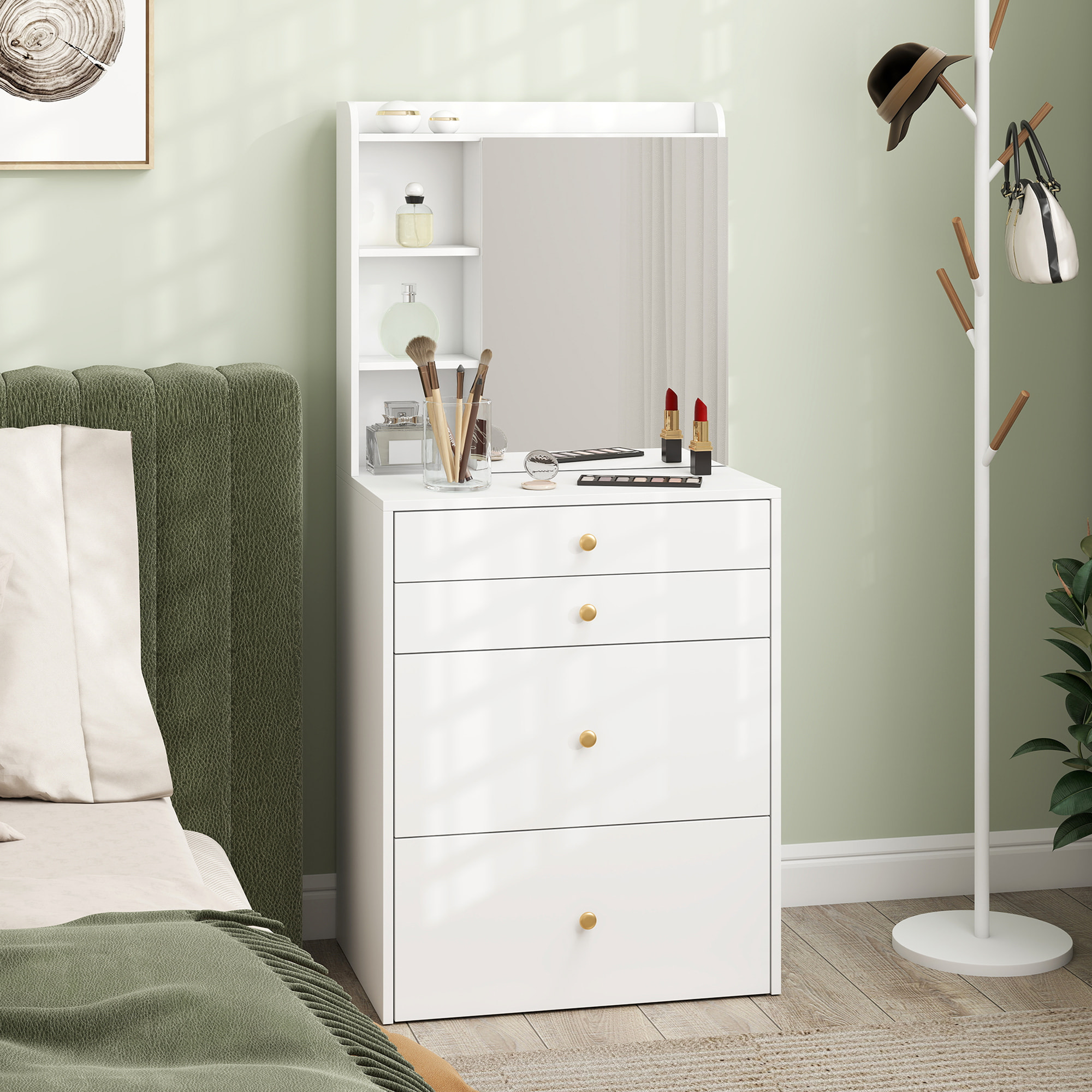 Coiffeuse tabouret encastrable multi-rangement miroir poignées dorées blanc