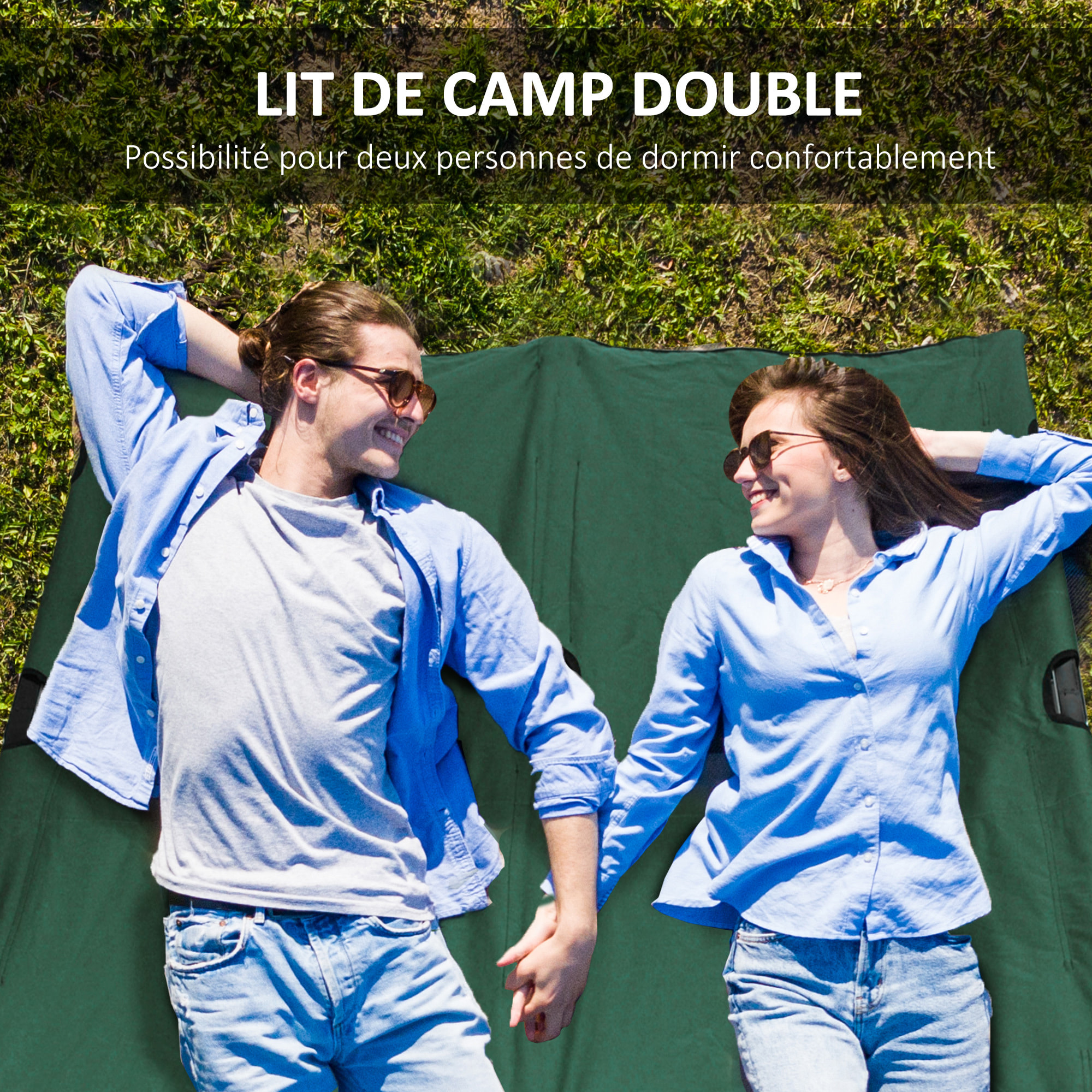 Lit de camp pliable double 193 x 125 x 40 cm avec sac de transport métal noir polyester Oxford vert