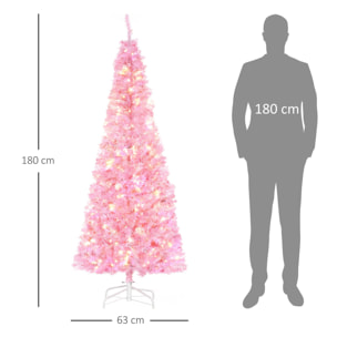 HOMCOM Árbol de Navidad Artificial Altura 180 cm Ignífugo con 618 Ramas 300 Luces LED IP20 Hojas de PVC Apertura Automática Base Plegable y Soporte Metálico Decoración Navideña para Interiores Rosa