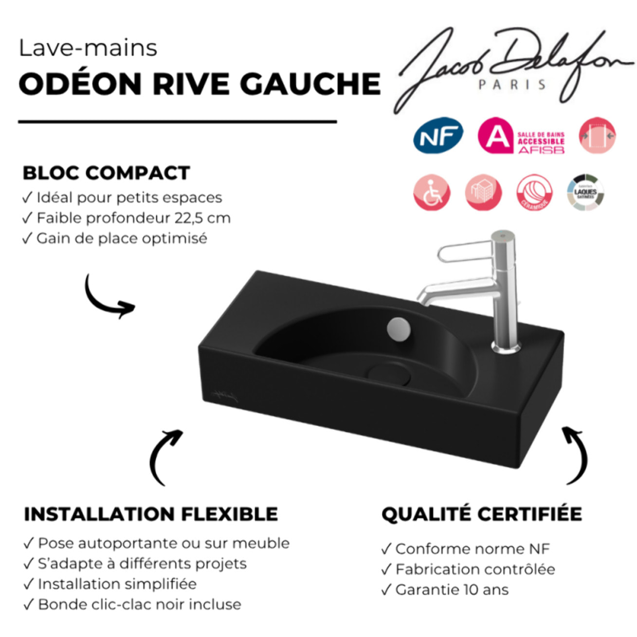 Lave-mains compact 50 cm Odéon Rive Gauche 1 trou de robinetterie à droite Noir satiné avec bonde