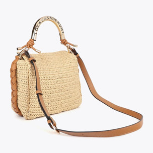 Borsa a tracolla effetto rafia combinata con manico con logo fustellato