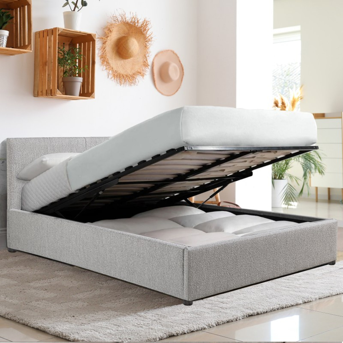 Lit coffre Bouclette| Espace de Stockage jusqu'à 900 L | Grand angle d’ouverture | Tissu | Gris clair