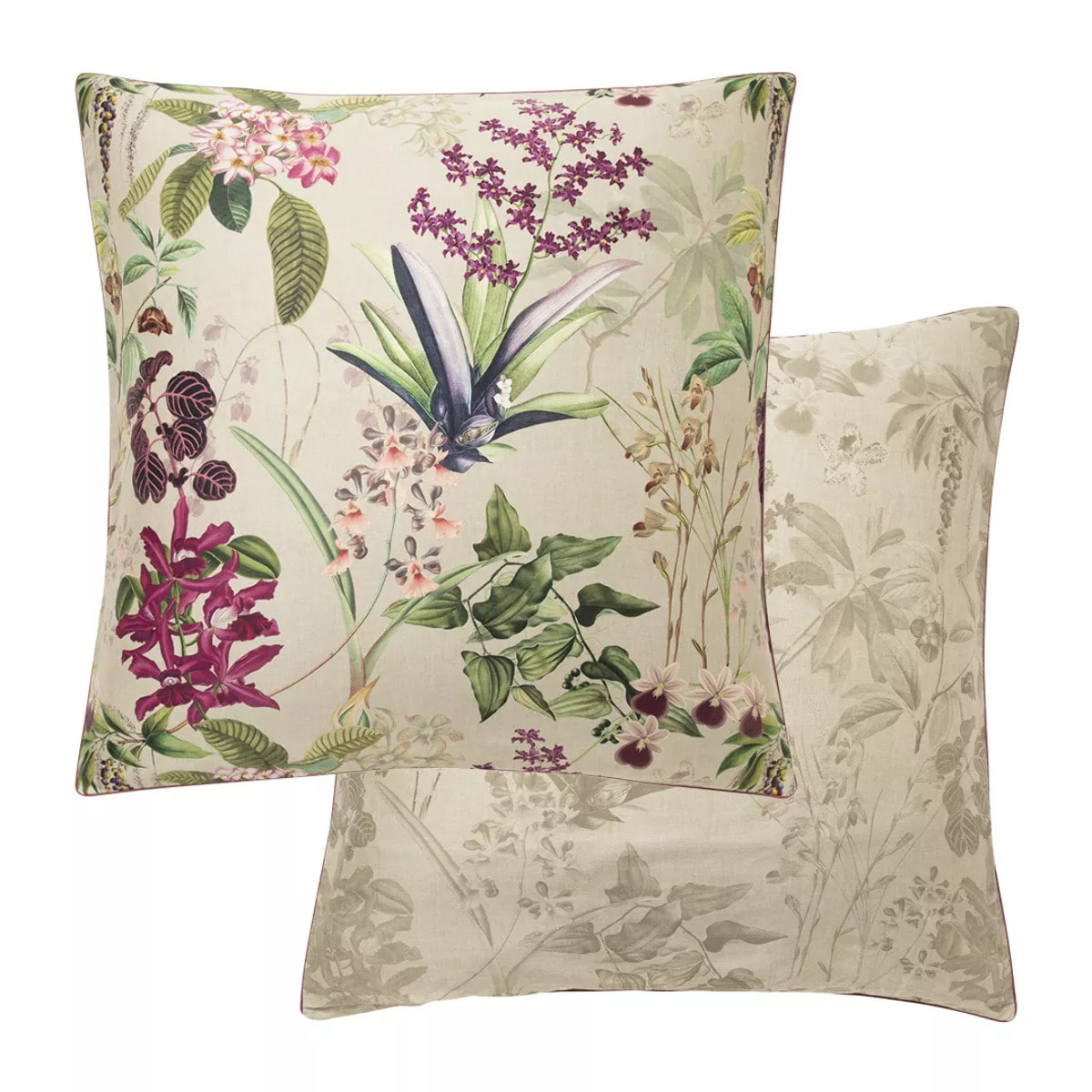 Taie d'oreiller satin de coton imprimé rose beige vert Parfum d'orchidee grege