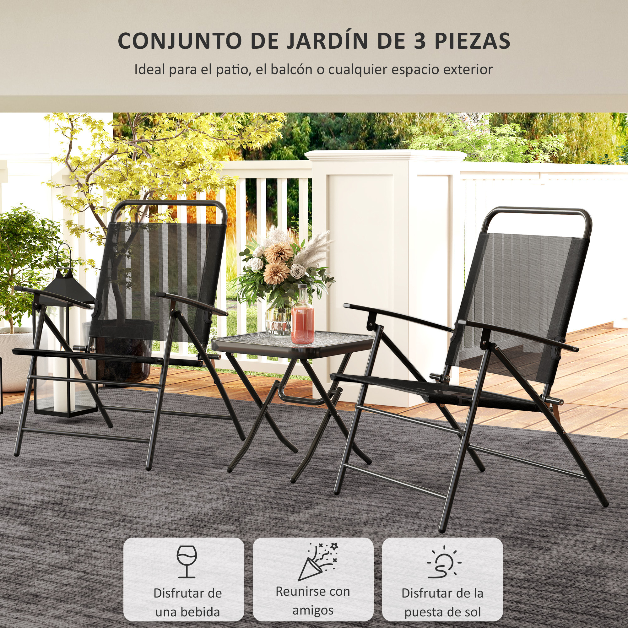 Conjunto de Mesa y Sillas de Terraza Exterior de 3 Piezas Muebles de Jardín Exterior Plegables con Respaldo Regulable Tablero de Vidrio y Estructura de Acero