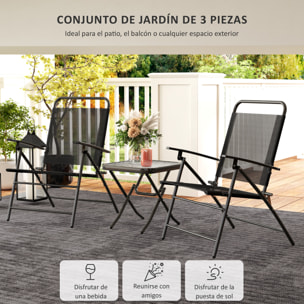 Conjunto de Mesa y Sillas de Terraza Exterior de 3 Piezas Muebles de Jardín Exterior Plegables con Respaldo Regulable Tablero de Vidrio y Estructura de Acero