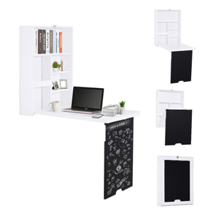 Bureau mural pliable table murale rabattable suspendue sur pied étagère + tableau à craie intégré MDF blanc