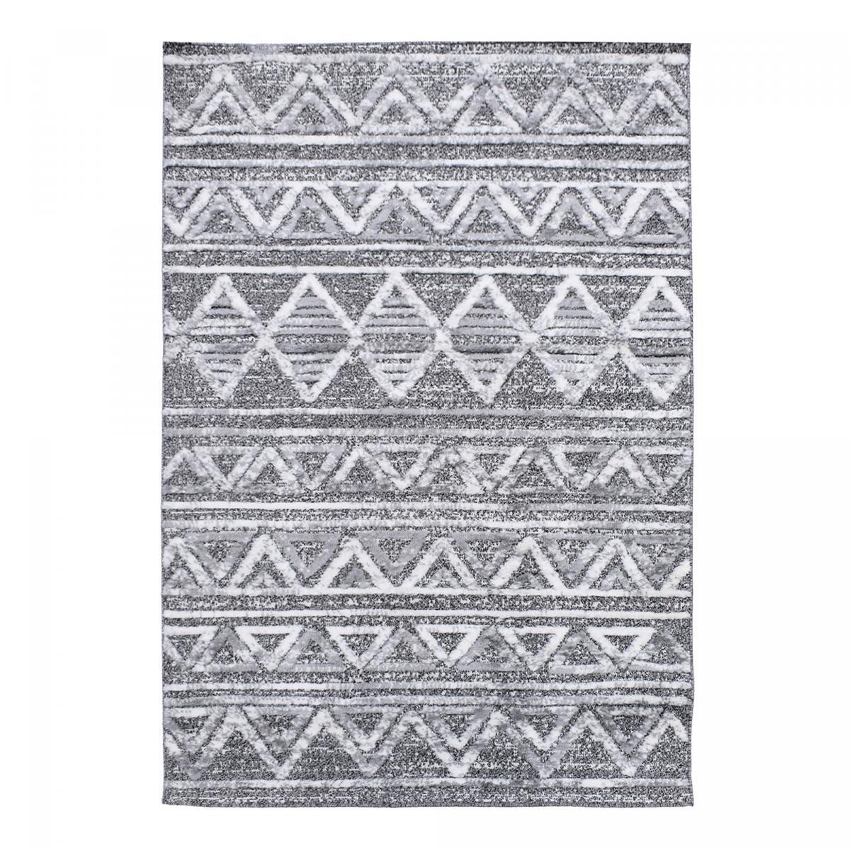 Tapis Gaco en relief dessin ethnique géométrique, couleur gris et blanc