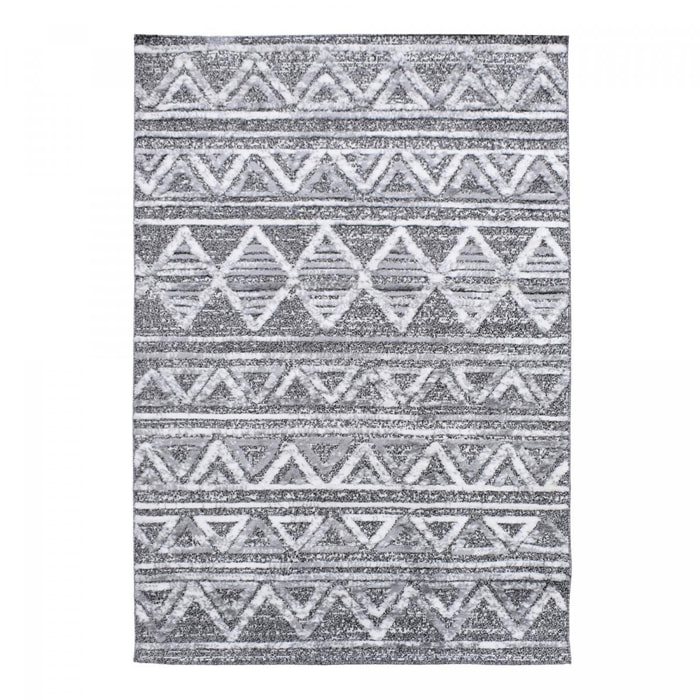Tapis Gaco en relief dessin ethnique géométrique, couleur gris et blanc