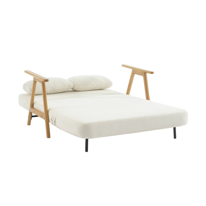 Banquette canapé convertible 2 places bois d'hévéa et bouclette texturée crème L 133 x P 81 x 84cm - Sven