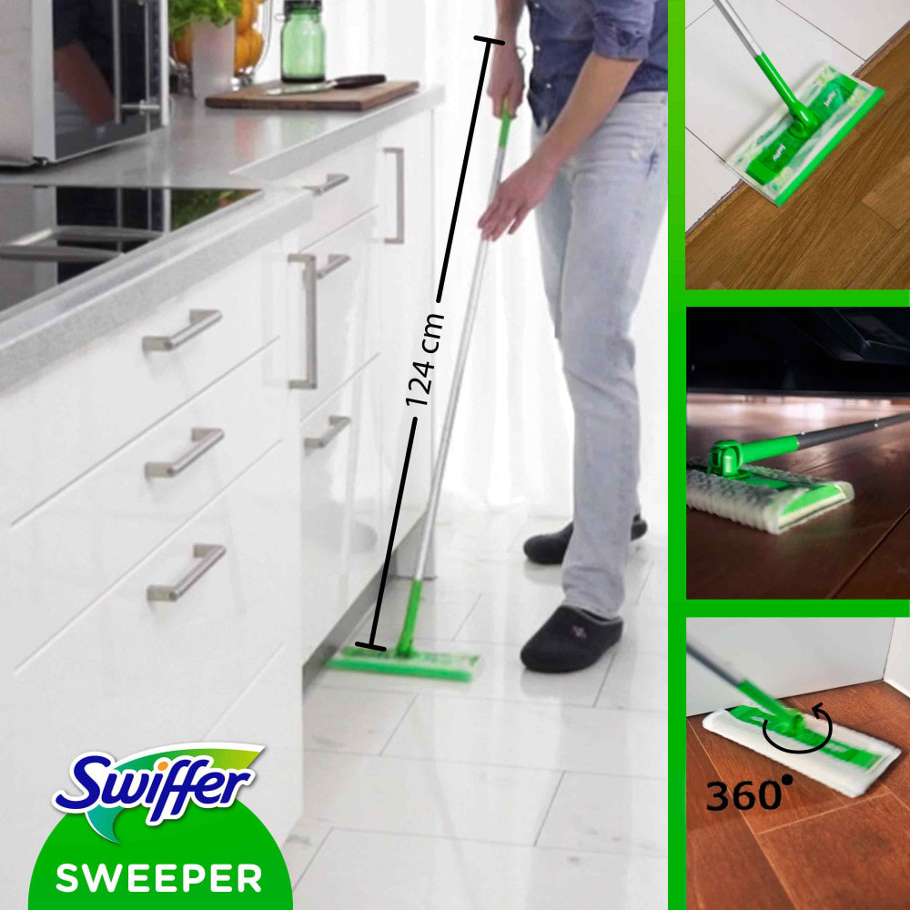 Kit de démarrage Swiffer Dry & Wet : Balai, 8 Lingettes Sèches Et 3 Lingettes Humides