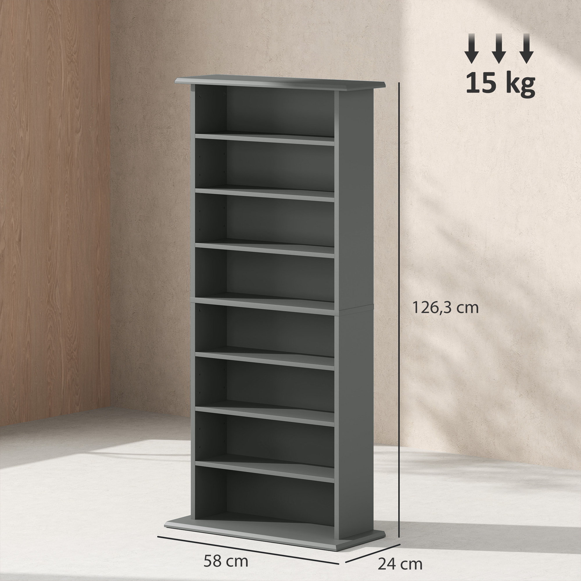 Étagère range CD - meuble rangement CD DVD - 8 compartiments, 6 étagères réglables - max 360 CD/185 DVD - gris