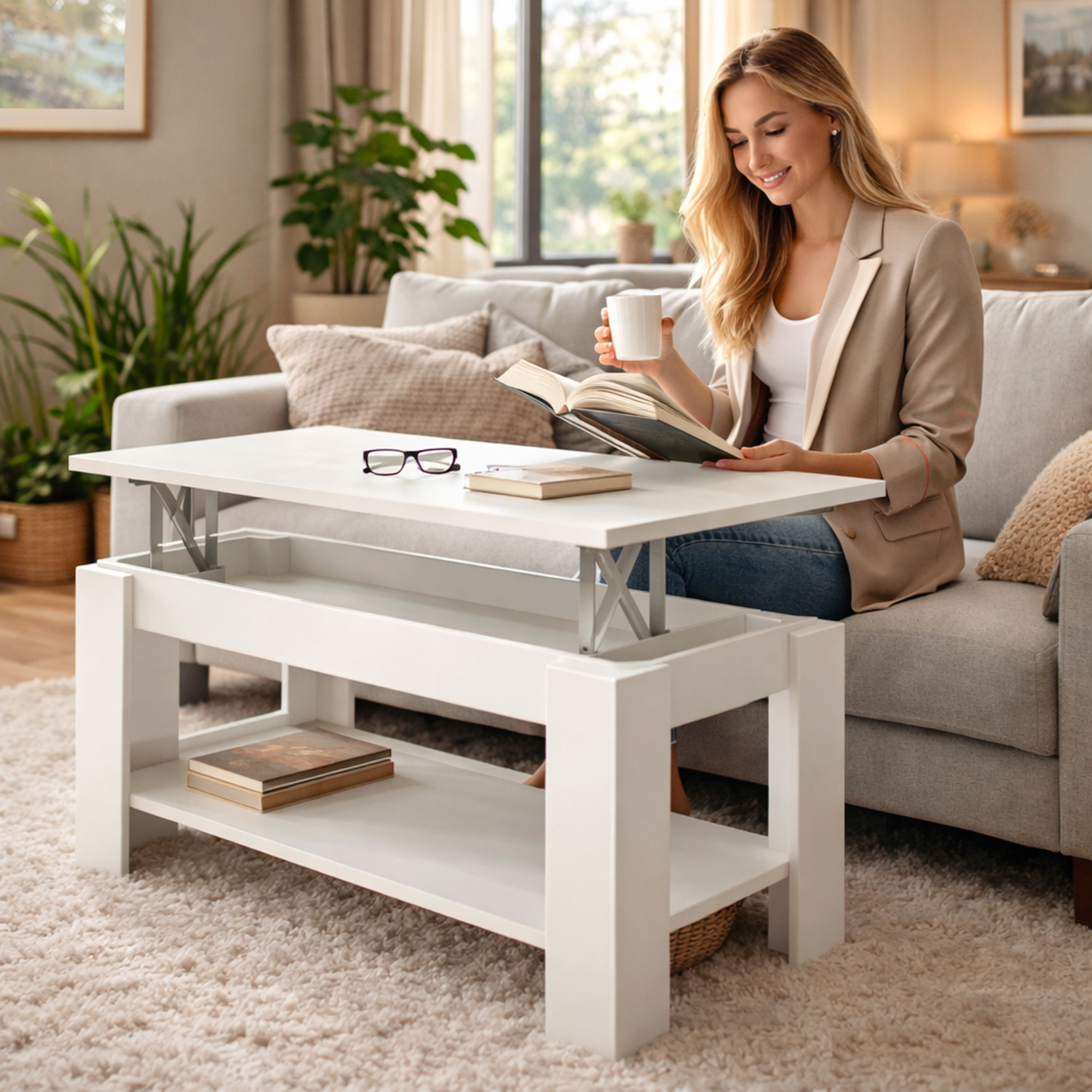 Tavolino Da Caffè Sollevabile Tavolo Da Salotto Rialzabile Salvaspazio Per Mangiare O Lavorare Dal Divano Con Piano Rialzabile 102 x 50 x 43 Cm Bianco