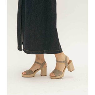 Sandalias taupe en piel con tacón efecto esparto