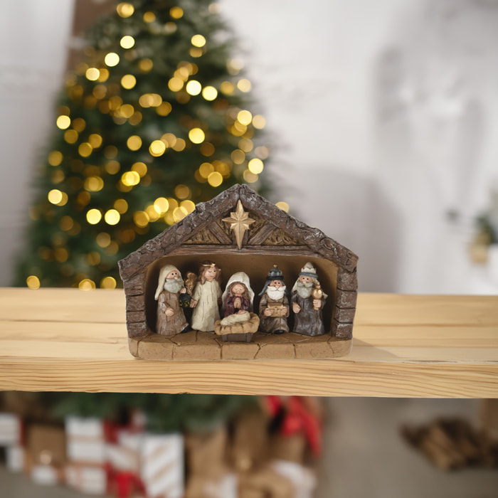 Juego de 7 piezas de belén en poliresina con aspecto de madera en varios colores