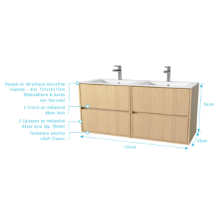 Pack Meuble Salle de Bains 120 cm Chêne Clair, 4 tiroirs avec Vasque Céramique - XENOS