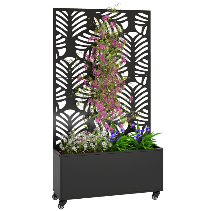 Jardinera Exterior Grande de Metal con Ruedas, Jardinera con Pantalla de Privacidad de Hojas de Monstera, Macetero con Enrejado para Plantas Trepadoras, Patio, Terraza, 90x30x160 cm, Negro