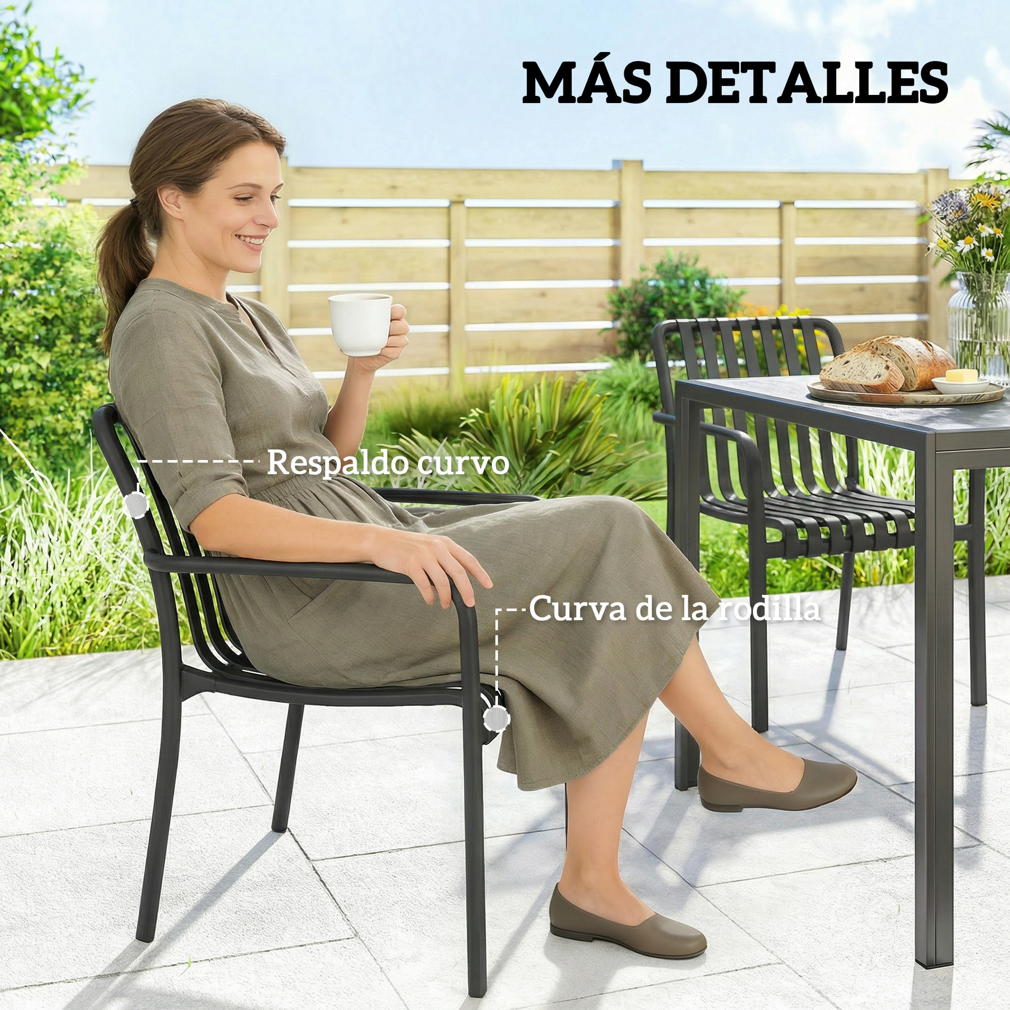 Juego de 4 Sillas de Jardín Exterior Apilables, Sillas Terraza Exterior de PP con Respaldo Curvado, Asiento de Listones, Reposabrazos, 55x58,5x81,5 cm, Negro