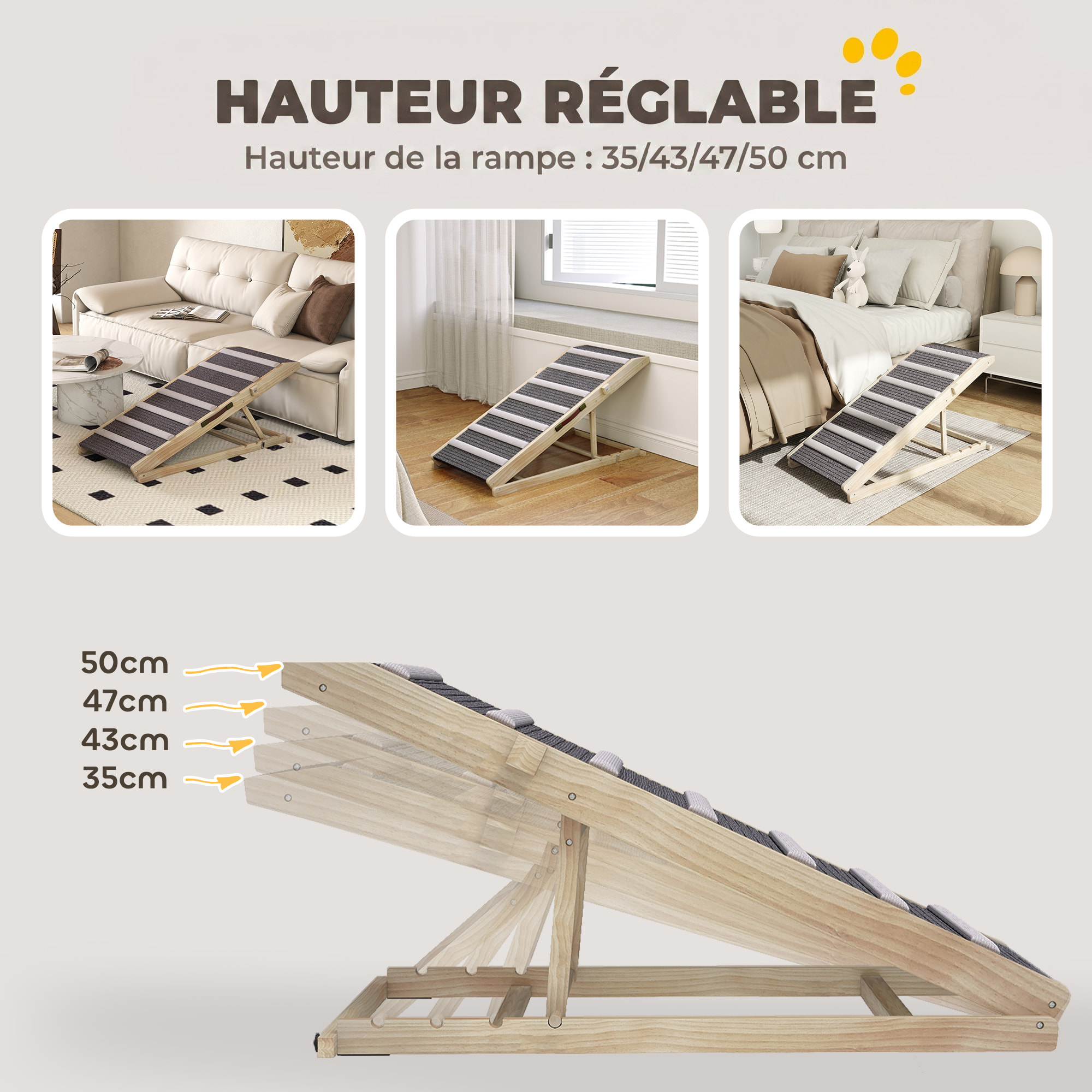 Rampe chien bois réglable surface antidérapante gris