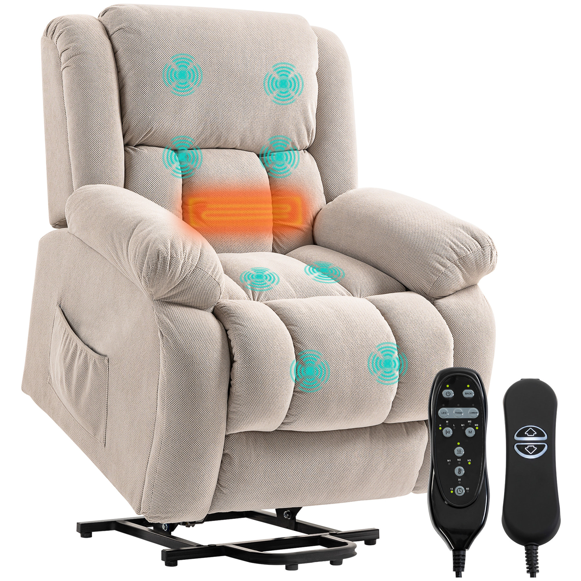 HOMCOM Sillón Relax Reclinable Eléctrico Levanta Personas Mayores con 8 Puntos Masaje Vibratorio y Calor, Sillón Elevador, Asiento Ancho, Puerto USB, Bolsillos, Reposapiés, de Terciopelo, Beige
