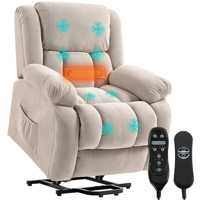HOMCOM Sillón Relax Reclinable Eléctrico Levanta Personas Mayores con 8 Puntos Masaje Vibratorio y Calor, Sillón Elevador, Asiento Ancho, Puerto USB, Bolsillos, Reposapiés, de Terciopelo, Beige