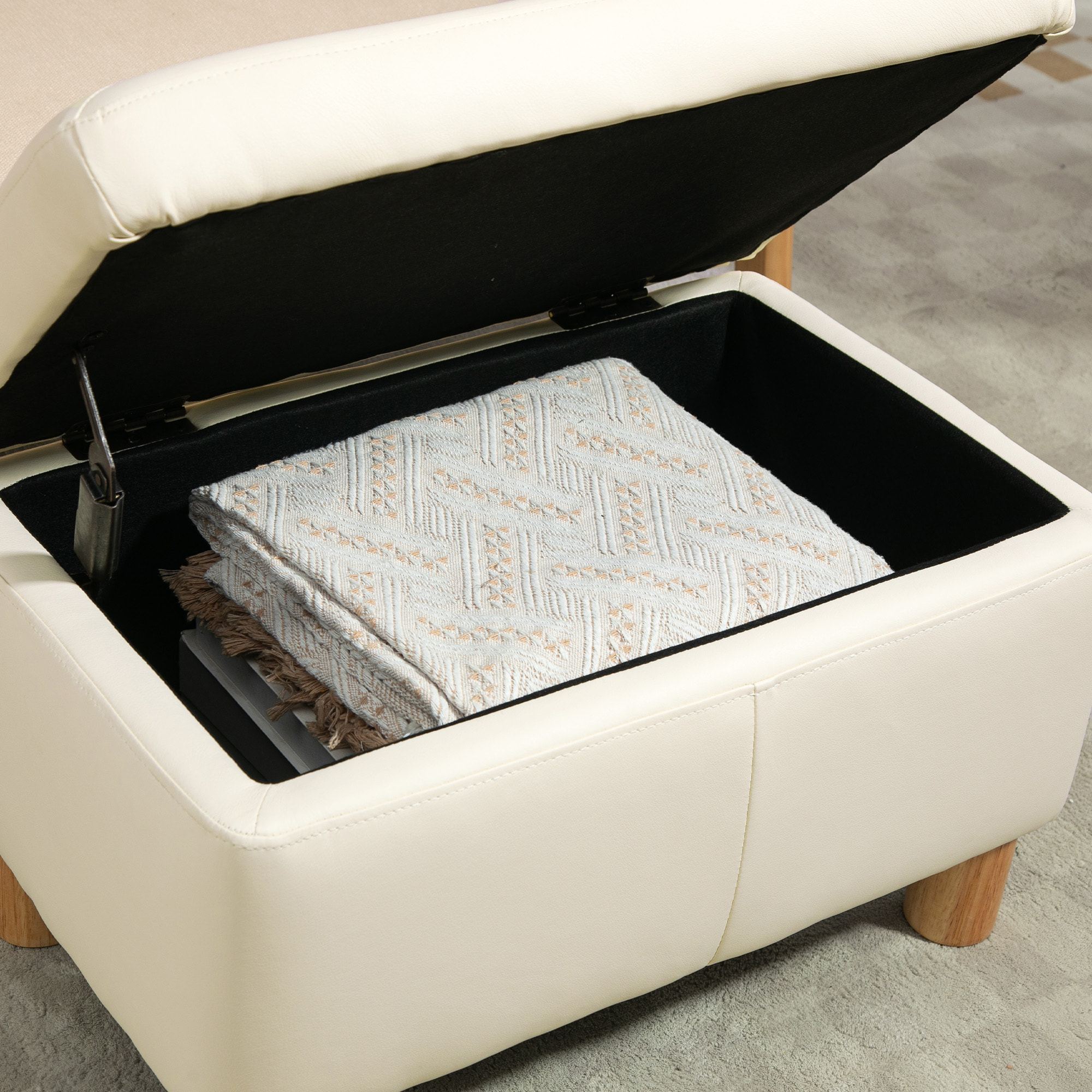 Baúl de Almacenaje para Dormitorio 33L Puff Almacenaje Tapizado en PU Banco de Almacenaje con Patas de Madera para Pasillo Salón 60x38x40 cm Crema