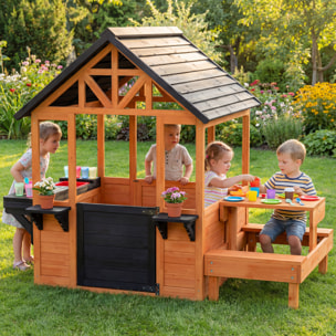 Casita Infantil Exterior e Interior de Madera, Casita Infantil con Barra de Snack y Bancos, Mesa Lateral, Fregadero, Maceteros, Ventanas, Casa de Jardín para Niños de 3-8 Años, Marrón Claro