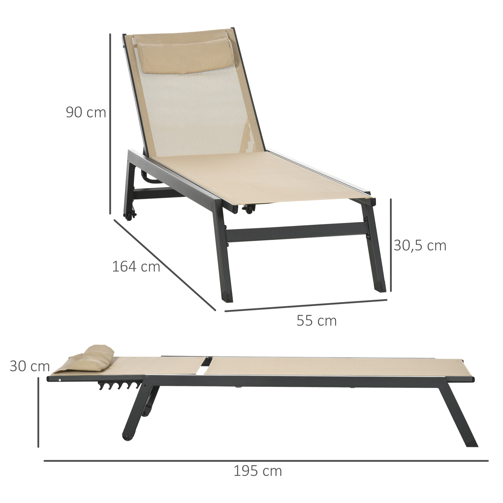 Bain de soleil transat inclinable 5 positions - tétière, 2 roulettes - alu. textilène kaki