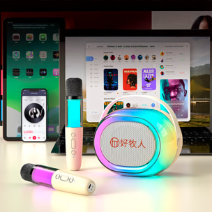 Altoparlante wireless per karaoke con due microfoni. Bluetooth 5.3 e 4 modalità vocali.